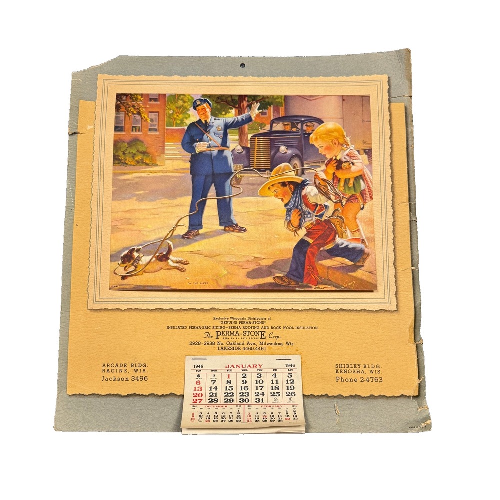 Vintage 1946 Perma-Stone Calendar Milwaukee WI Ad For Perma-Bric RockWool Insula